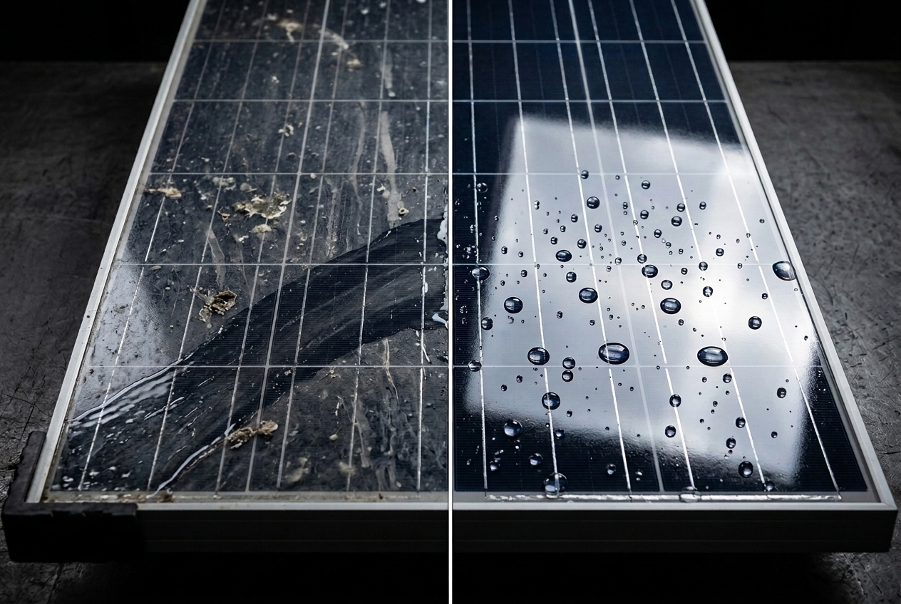 Porównanie panelu fotowoltaicznego bez i z powłoką Harsol Solar Protect